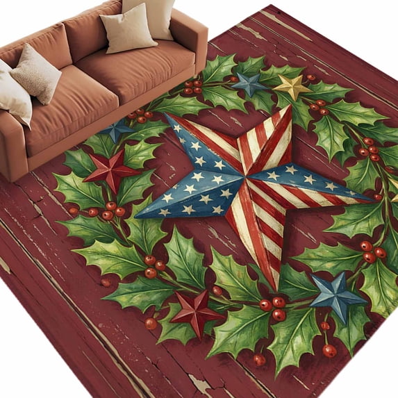 Rectangle Rug 5x8ft Area Rug, July 4th Retro American Star Area Rugs for Living Room Bedroom, Country Star Berry Leaf Wreath Floor Mat Non-Slip Non-Shedding Carpet Indoor Accent Rugs