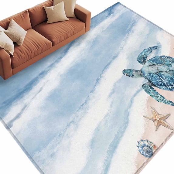 Rectangle Rug 5x8ft Area Rug, Marine Theme Sea Turtle Starfish Area Rugs for Living Room Bedroom, Ocean Beach Watercolor Art Floor Mat Non-Slip Non-Shedding Carpet Indoor Accent Rugs