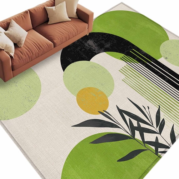 Rectangle Rug 5x8ft Area Rug, Mid Century Boho Green Color Block Area Rugs for Living Room Bedroom, Vintage Abstract Plant Floor Mat Non-Slip Non-Shedding Carpet Indoor Accent Rugs