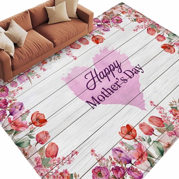 Rectangle Rug 5x8ft Area Rug, Mother's Day Colorful Flower Area Rugs for Living Room Bedroom, Blossom Floral Wood Board Floor Mat Non-Slip Non-Shedding Carpet Indoor Accent Rugs