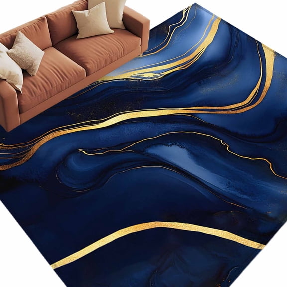 Rectangle Rug 5x8ft Area Rug,Navy Blue Marble Gold Foil Area Rugs for Living Room Bedroom,Abstract Geometric Minimalist Style Floor Mat Non-Slip Non-Shedding Carpet Indoor Accent Rugs