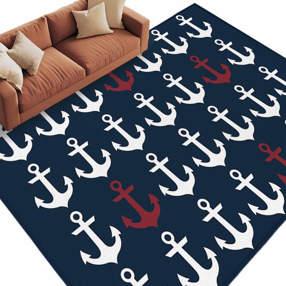Rectangle Rug 5x8ft Area Rug,Ocean Nautical White and Red Ship's Anchor Area Rugs for Living Room Bedroom,Dark Blue Floor Mat Non-Slip Non-Shedding Carpet Indoor Accent Rugs