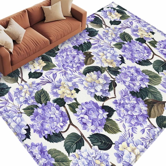 Rectangle Rug 5x8ft Area Rug,Purple Flower Leaves Hydrangea Area Rugs for Living Room Bedroom,Watercolor Floral Seamless Floor Mat Non-Slip Non-Shedding Carpet Indoor Accent Rugs
