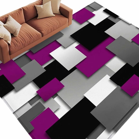 Rectangle Rug 5x8ft Area Rug, Purple Gray Black Grid Lattice Area Rugs for Living Room Bedroom, Geometric Square Texture Floor Mat Non-Slip Non-Shedding Carpet Indoor Accent Rugs
