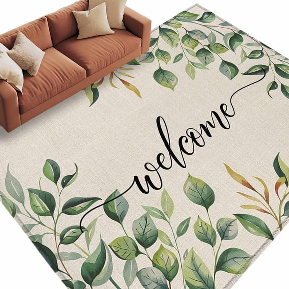 Rectangle Rug 5x8ft Area Rug,Retro Pastoral Green Eucalyptus Leaves Area Rugs for Living Room Bedroom,Welcome Text Floor Mat Non-Slip Non-Shedding Carpet Indoor Accent Rugs