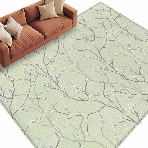 Rectangle Rug 5x8ft Area Rug, Retro Tree Branches Texture Area Rugs for Living Room Bedroom, Vintage Plants on Green Floor Mat Non-Slip Non-Shedding Carpet Indoor Accent Rugs