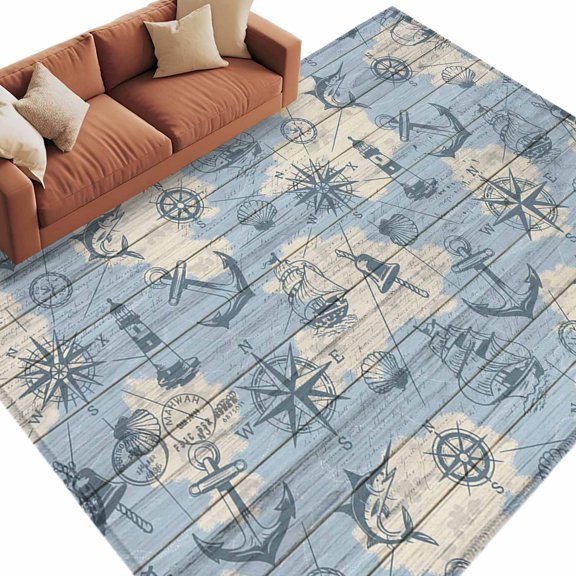 Rectangle Rug 5x8ft Area Rug,Sailing Compass Anchor Lighthouse Area Rugs for Living Room Bedroom,Map Fish on Wood Board Floor Mat Non-Slip Non-Shedding Carpet Indoor Accent Rugs