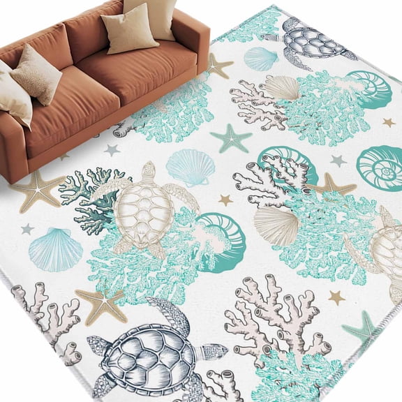 Rectangle Rug 5x8ft Area Rug,Sea Turtle Starfish Shell Coral Area Rugs for Living Room Bedroom,Marine Life Art Floor Mat Non-Slip Non-Shedding Carpet Indoor Accent Rugs