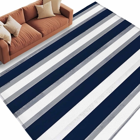 Rectangle Rug 5x8ft Area Rug, Simple Blue Grey White Stripes Area Rugs for Living Room Bedroom, Classic Striped Floor Mat Non-Slip Non-Shedding Carpet Indoor Accent Rugs
