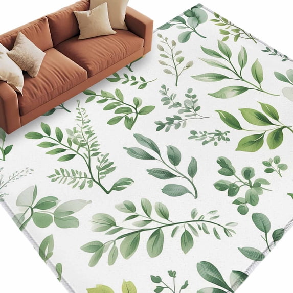 Rectangle Rug 5x8ft Area Rug, Spring Countryside Green Leaves Area Rugs for Living Room Bedroom, Farm Plants Floor Mat Non-Slip Non-Shedding Carpet Indoor Accent Rugs