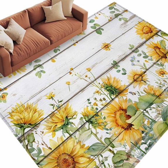 Rectangle Rug 5x8ft Area Rug,Spring Sunflower Leaf Area Rugs for Living Room Bedroom,Pastoral Plant Wood Plank Floor Mat Non-Slip Non-Shedding Carpet Indoor Accent Rugs
