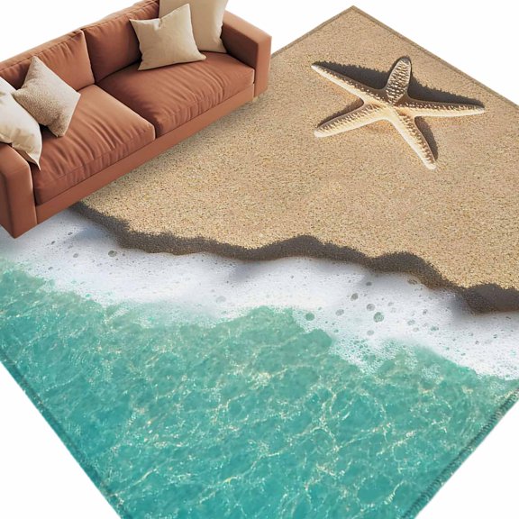 Rectangle Rug 5x8ft Area Rug,Starfish on The Beach Area Rugs for Living Room Bedroom,Ocean Waves Marine Life Floor Mat Non-Slip Non-Shedding Carpet Indoor Accent Rugs