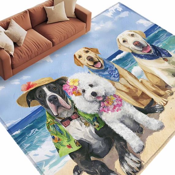 Rectangle Rug 5x8ft Area Rug, Summer Beach Pet Dogs Ocean Area Rugs for Living Room Bedroom, Watercolor Puppy Cloud Blue Sky Floor Mat Non-Slip Non-Shedding Carpet Indoor Accent Rugs