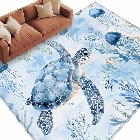 Rectangle Rug 5x8ft Area Rug,Summer Ocean Sea Turtle Seaweed Area Rugs for Living Room Bedroom,Marine Life Jellyfish Coral Floor Mat Non-Slip Non-Shedding Carpet Indoor Accent Rugs