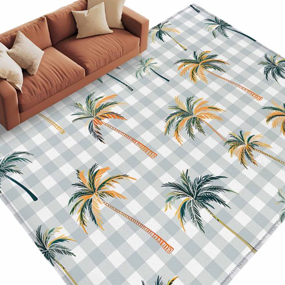 Rectangle Rug 5x8ft Area Rug,Summer Retro Palm Trees on Buffalo Plaid Area Rugs for Living Room Bedroom,Tropical Botanical Floor Mat Non-Slip Non-Shedding Carpet Indoor Accent Rugs