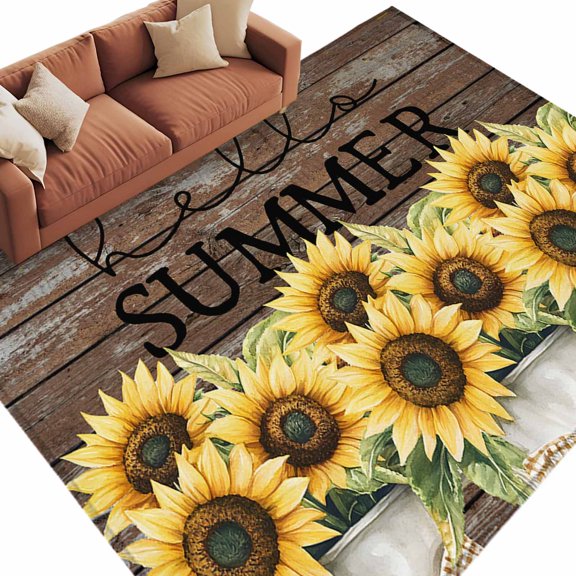 Rectangle Rug 5x8ft Area Rug, Summer Vintage Sunflowers Brown Wood Area Rugs for Living Room Bedroom, Vintage Rural Floral Art Floor Mat Non-Slip Non-Shedding Carpet Indoor Accent Rugs