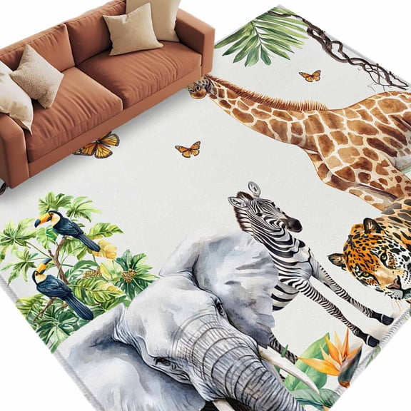 Rectangle Rug 5x8ft Area Rug, Tiger Elephant Giraffe Animal Area Rugs for Living Room Bedroom, Tropical Jungle Green Leaves Floor Mat Non-Slip Non-Shedding Carpet Indoor Accent Rugs