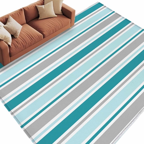 Rectangle Rug 5x8ft Area Rug, Turquoise Gray Striped Area Rugs for Living Room Bedroom, Geometric Horizontal Stripes Floor Mat Non-Slip Non-Shedding Carpet Indoor Accent Rugs