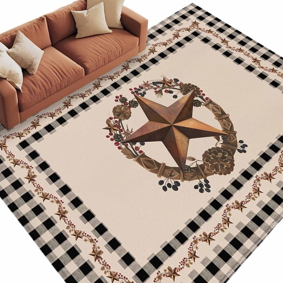 Rectangle Rug 5x8ft Area Rug,Vintage Metal Brown Star Berry Wreath Area Rugs for Living Room Bedroom,Farm Retro Buffalo Plaid Floor Mat Non-Slip Non-Shedding Carpet Indoor Accent Rugs