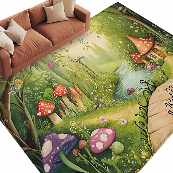 Rectangle Rug 5x8ft Area Rug, Vintage Mushroom Cottage Forest Area Rugs for Living Room Bedroom, Fairy Tale World Floor Mat Non-Slip Non-Shedding Carpet Indoor Accent Rugs