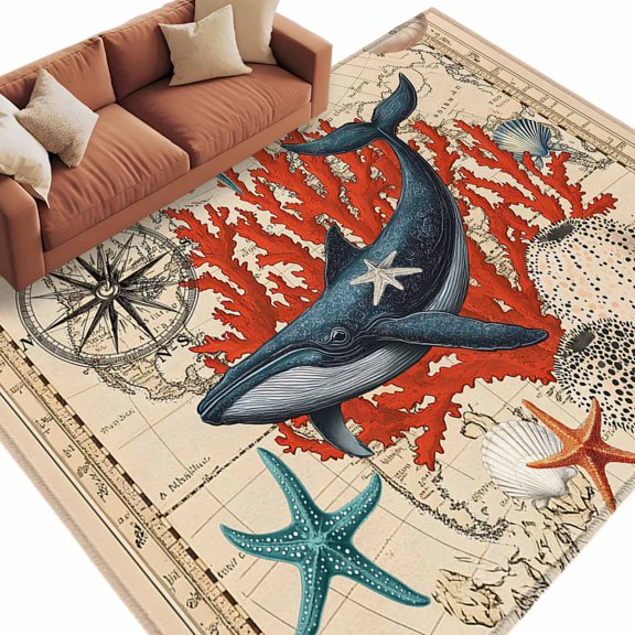 Rectangle Rug 5x8ft Area Rug, Vintage Nautical Whale on Map Area Rugs for Living Room Bedroom, Ocean Starfish Coral Shell Floor Mat Non-Slip Non-Shedding Carpet Indoor Accent Rugs