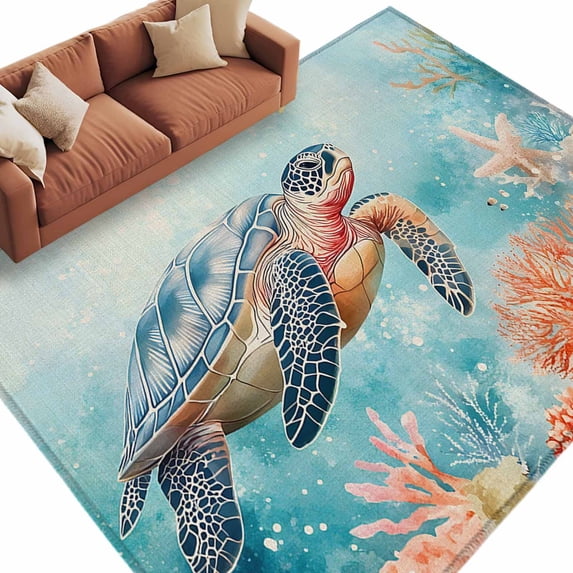 Rectangle Rug 5x8ft Area Rug, Vintage Sea Turtle Coral Starfish on Linen Area Rugs for Living Room Bedroom, Marine Life Floor Mat Non-Slip Non-Shedding Carpet Indoor Accent Rugs