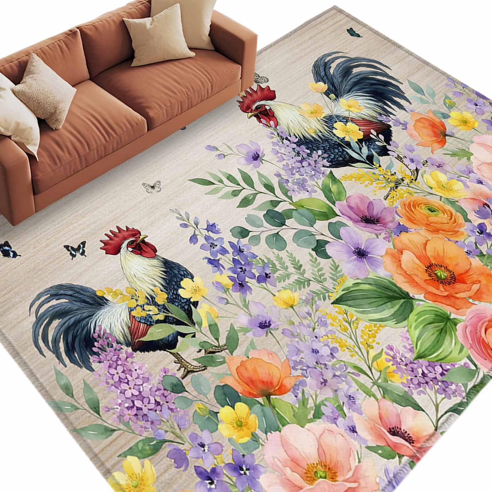 Rectangle Rug 5x8ft Area Rug,Watercolor Farm Roosters Flowers Area Rugs ...