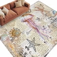 thumbnail image 1 of Rectangle Rug 5x8ft Area Rug, Watercolor Marine Octopus Starfish Area Rugs for Living Room Bedroom, Sailboat Shell on Retro Newspaper Floor Mat Non-Slip Non-Shedding Carpet Indoor Accent Rugs, 1 of 9