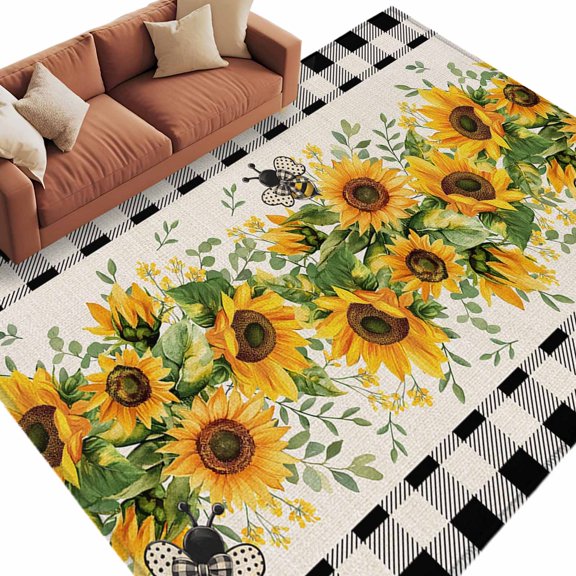 Rectangle Rug 5x8ft Area Rug,Watercolor Sunflower Bee Green Leaves Area Rugs for Living Room Bedroom,Black Buffalo Plaid Floor Mat Non-Slip Non-Shedding Carpet Indoor Accent Rugs