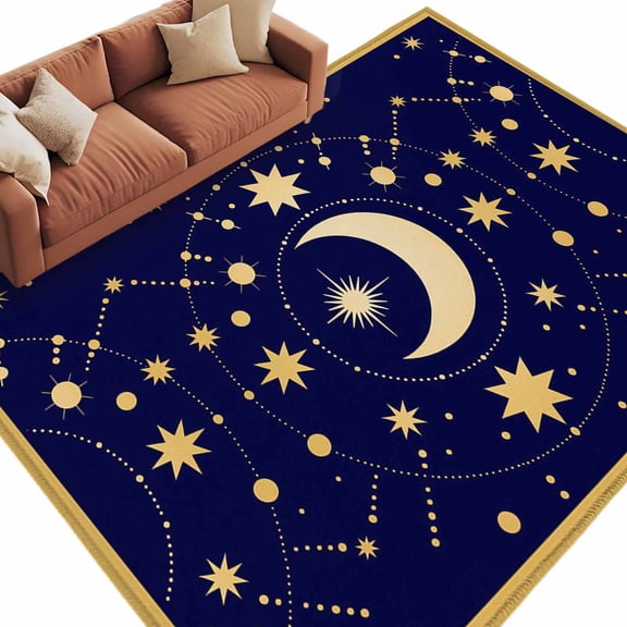 Rectangle Rug 5x8ft Area Rug, Yellow Moon Star Area Rugs for Living Room Bedroom, Abstract Polka Dot on Dark Blue Floor Mat Non-Slip Non-Shedding Carpet Indoor Accent Rugs