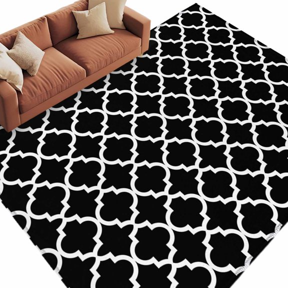 Rectangle Rug 6x9ft Area Rug, Abstract Black Trellis Morocco Area Rugs for Living Room Bedroom, Farmhouse Minimalist Art Floor Mat Non-Slip Non-Shedding Carpet Indoor Accent Rugs