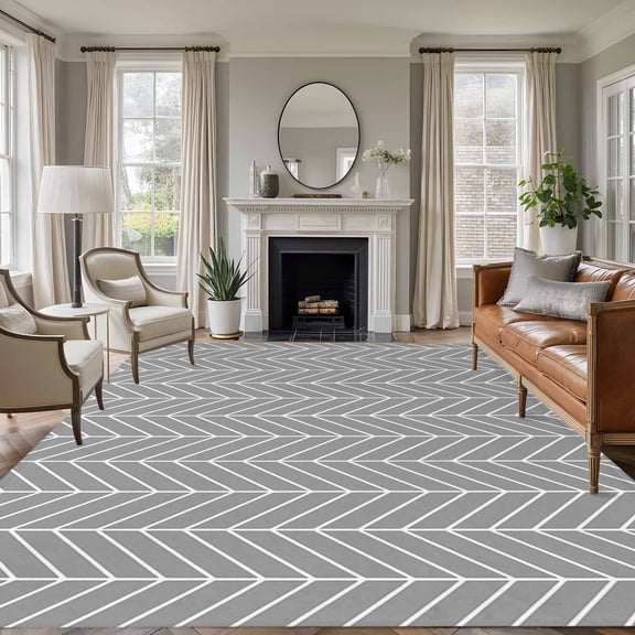 Rectangle Rug 6x9ft Area Rug,Abstract Gray White Herringbone Texture Area Rugs for Living Room Bedroom,Chevron Pattern Floor Mat Non-Slip Non-Shedding Carpet Indoor Accent Rugs