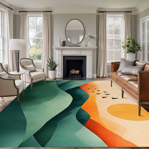 Rectangle Rug 6x9ft Area Rug,Abstract Mountain Birds Sunset Area Rugs for Living Room Bedroom,Retro Scenery Artwork Floor Mat Non-Slip Non-Shedding Carpet Indoor Accent Rugs