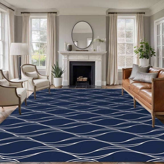 Rectangle Rug 6x9ft Area Rug,Abstract Navy Blue Waves Line Area Rugs for Living Room Bedroom,Classic White Striped Wavy Floor Mat Non-Slip Non-Shedding Carpet Indoor Accent Rugs