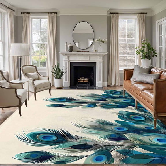 Rectangle Rug 6x9ft Area Rug,Abstract Peacock Feather on Beige Area Rugs for Living Room Bedroom,Animal Plume Art Floor Mat Non-Slip Non-Shedding Carpet Indoor Accent Rugs
