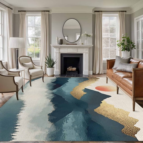 Rectangle Rug 6x9ft Area Rug,Abstract Sun Mountain Scenery Area Rugs for Living Room Bedroom,Retro Gradient Art on Linen Floor Mat Non-Slip Non-Shedding Carpet Indoor Accent Rugs