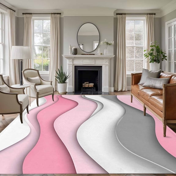 Rectangle Rug 6x9ft Area Rug,Abstract Water Ripple Ombre Art Area Rugs for Living Room Bedroom,Pink Gray White Stripe Floor Mat Non-Slip Non-Shedding Carpet Indoor Accent Rugs