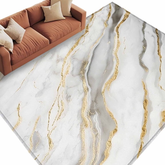 Rectangle Rug 6x9ft Area Rug, Abstract White Marble Texture Area Rugs for Living Room Bedroom, Retro Golden Veins Seamless Floor Mat Non-Slip Non-Shedding Carpet Indoor Accent Rugs