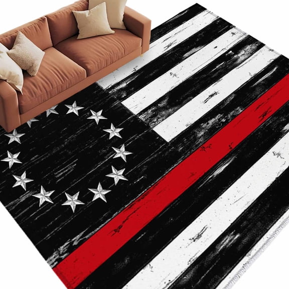 Rectangle Rug 6x9ft Area Rug, American Flag Independence Day Area Rugs for Living Room Bedroom, Retro Ref Black Stripes Floor Mat Non-Slip Non-Shedding Carpet Indoor Accent Rugs