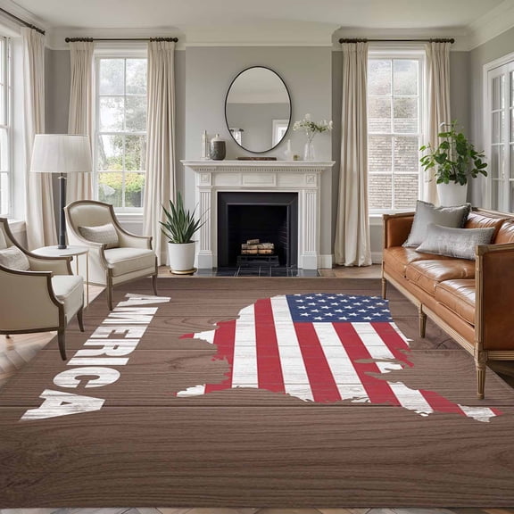 Rectangle Rug 6x9ft Area Rug,American Independence Day Area Rugs for Living Room Bedroom,USA Flag Map on Wood Grain Floor Mat Non-Slip Non-Shedding Carpet Indoor Accent Rugs