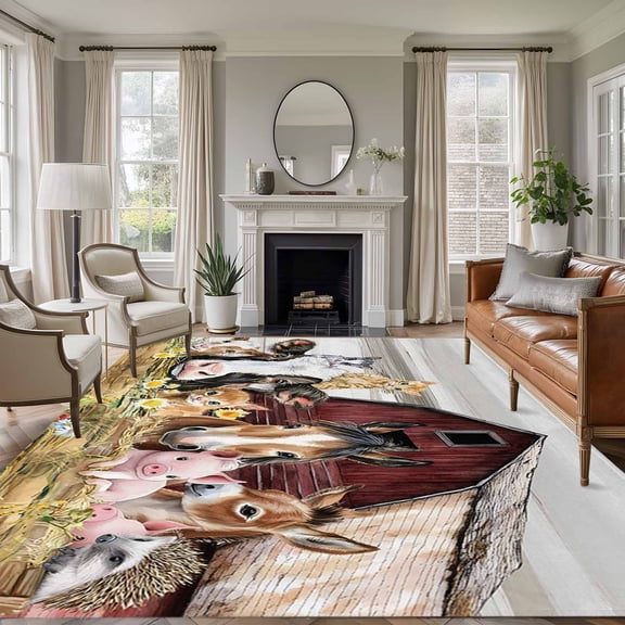 Rectangle Rug 6x9ft Area Rug,Animal Pig Cow Farm Barn Area Rugs for Living Room Bedroom,Retro Fence Country Wheat Harvest Floor Mat Non-Slip Non-Shedding Carpet Indoor Accent Rugs