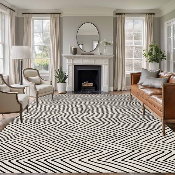 Rectangle Rug 6x9ft Area Rug,Black Herringbone Retro Linen Area Rugs for Living Room Bedroom,Abstract Geometric Texture Floor Mat Non-Slip Non-Shedding Carpet Indoor Accent Rugs