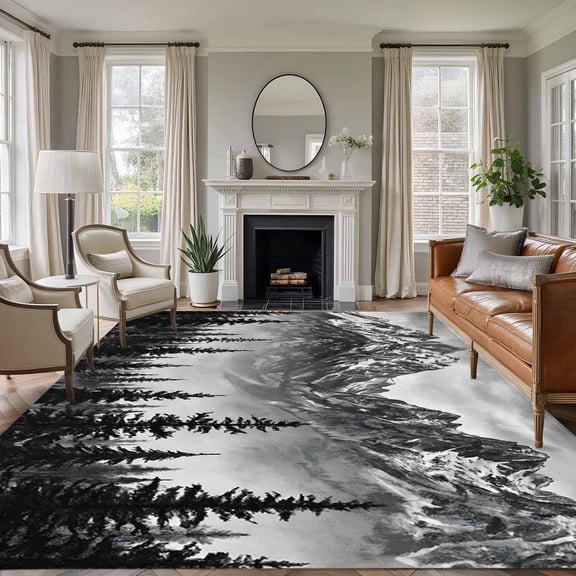 Rectangle Rug 6x9ft Area Rug,Black Snow Mountain Mountains Area Rugs for Living Room Bedroom,Needle Forests Floor Mat Non-Slip Non-Shedding Carpet Indoor Accent Rugs