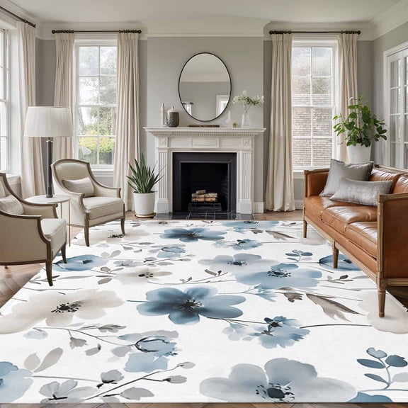 Rectangle Rug 6x9ft Area Rug,Blue Light Brown Flower Leaves Area Rugs for Living Room Bedroom,Spring Floral Floor Mat Non-Slip Non-Shedding Carpet Indoor Accent Rugs