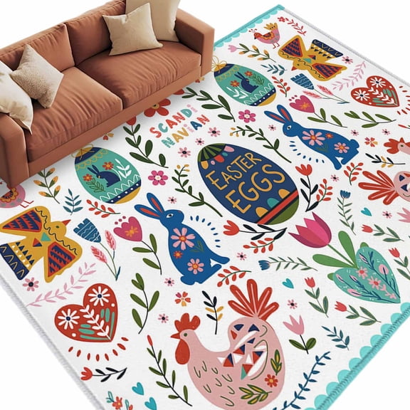 Rectangle Rug 6x9ft Area Rug, Bohemian Ethnic Easter Eggs Blossom Flowers Bunny Area Rugs for Living Room Bedroom, Tribe Boho Floor Mat Non-Slip Non-Shedding Carpet Indoor Accent Rugs