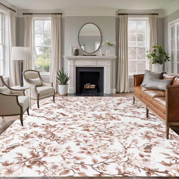 Rectangle Rug 6x9ft Area Rug,Brown Birds Cherry Blossoms Branches Leaves Area Rugs for Living Room Bedroom,Retro Plants Floor Mat Non-Slip Non-Shedding Carpet Indoor Accent Rugs