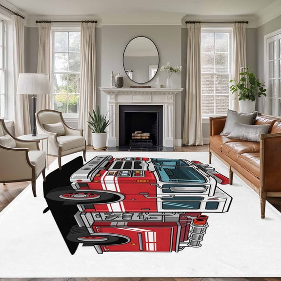 Rectangle Rug 6x9ft Area Rug,Cartoon Fire Truck Red Grey Car Area Rugs for Living Room Bedroom,Patriotic Firefighter Trucks on White Floor Mat Non-Slip Non-Shedding Carpet Indoor Accent Rugs