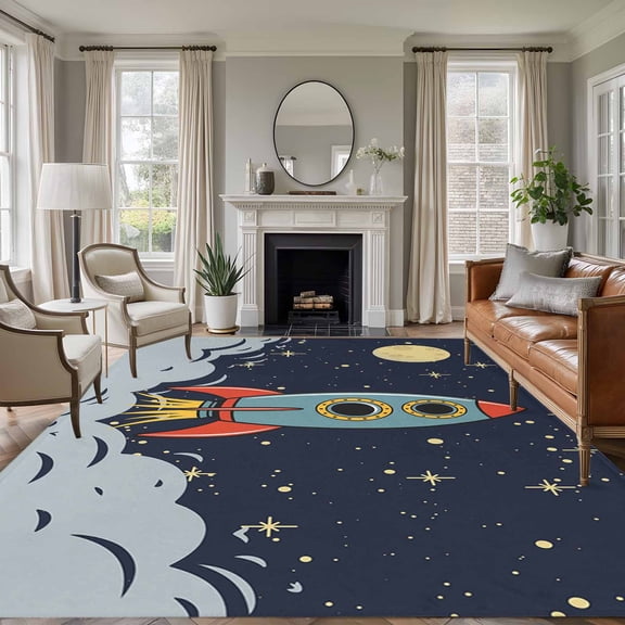 Rectangle Rug 6x9ft Area Rug,Cartoon Space Rocket Launch Stars and Moon Area Rugs for Living Room Bedroom,Outer Planet Floor Mat Non-Slip Non-Shedding Carpet Indoor Accent Rugs