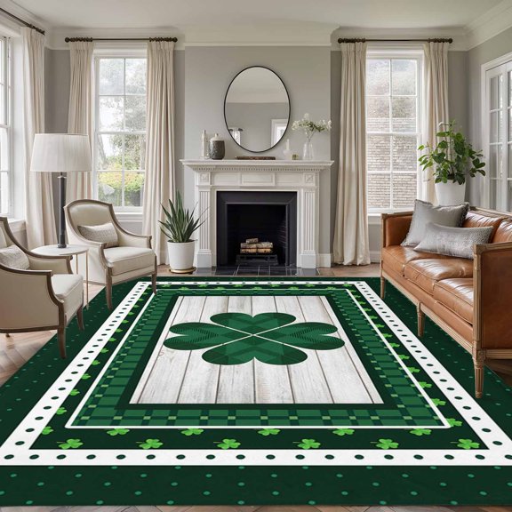 Rectangle Rug 6x9ft Area Rug,Celtic Lucky Clovers Check with Dot Border Area Rugs for Living Room Bedroom,Irish St. Patrick's Day Floor Mat Non-Slip Non-Shedding Carpet Indoor Accent Rugs