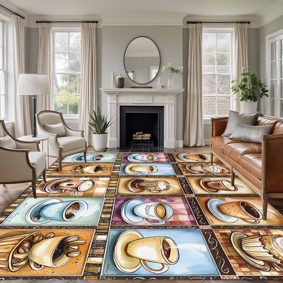 Rectangle Rug 6x9ft Area Rug,Coffee Cake Dessert Food Area Rugs for Living Room Bedroom,Retro Collage Art Floor Mat Non-Slip Non-Shedding Carpet Indoor Accent Rugs